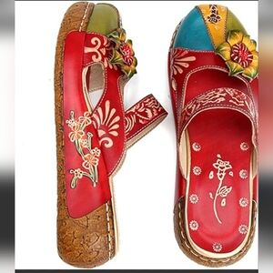 Red Leather Floral Clogs for Women
